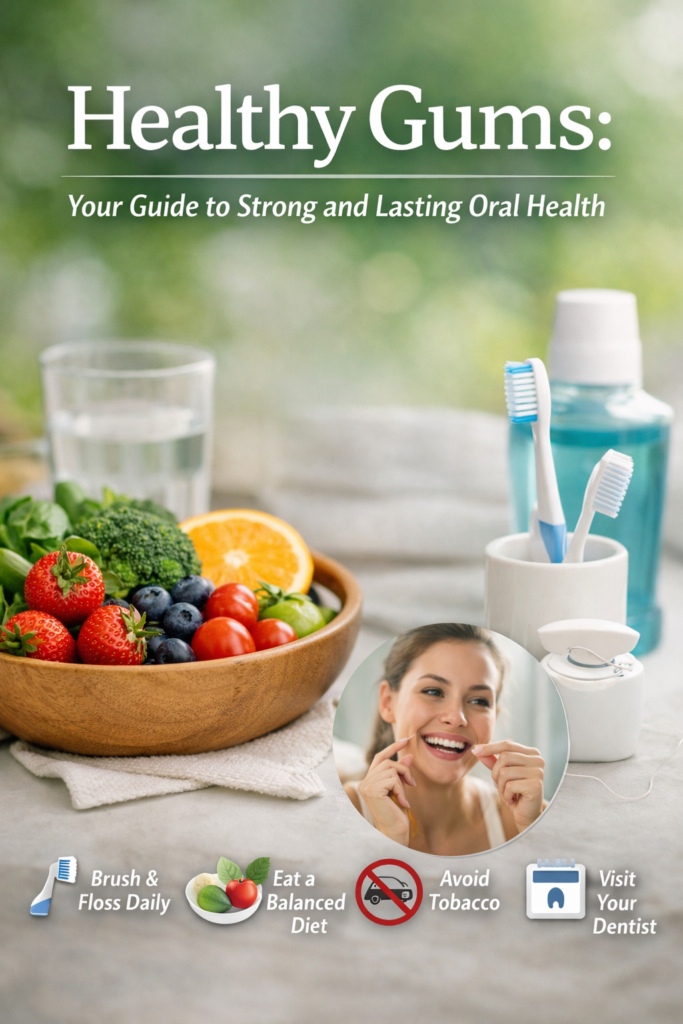 Healthy gums and oral care essentials including toothbrush, floss, mouthwash, and a balanced diet of fruits and vegetables.