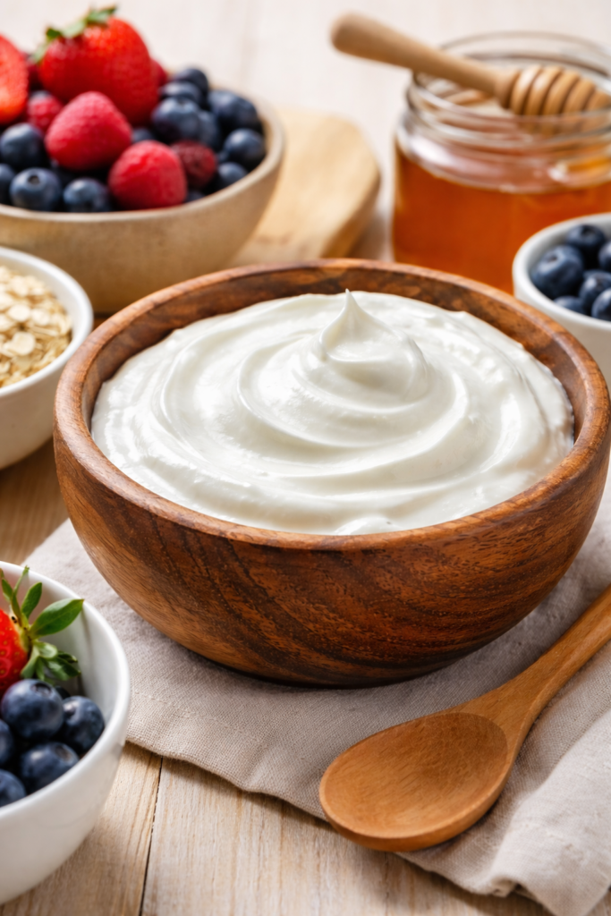 A bowl of creamy Greek yogurt with fresh berries, oats, and honey on a wooden table