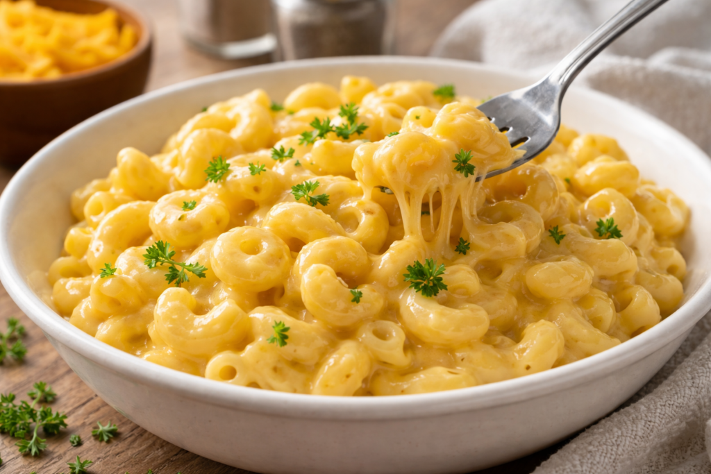 Creamy macaroni and cheese in a bowl, garnished with parsley, soft and easy to eat after wisdom teeth removal