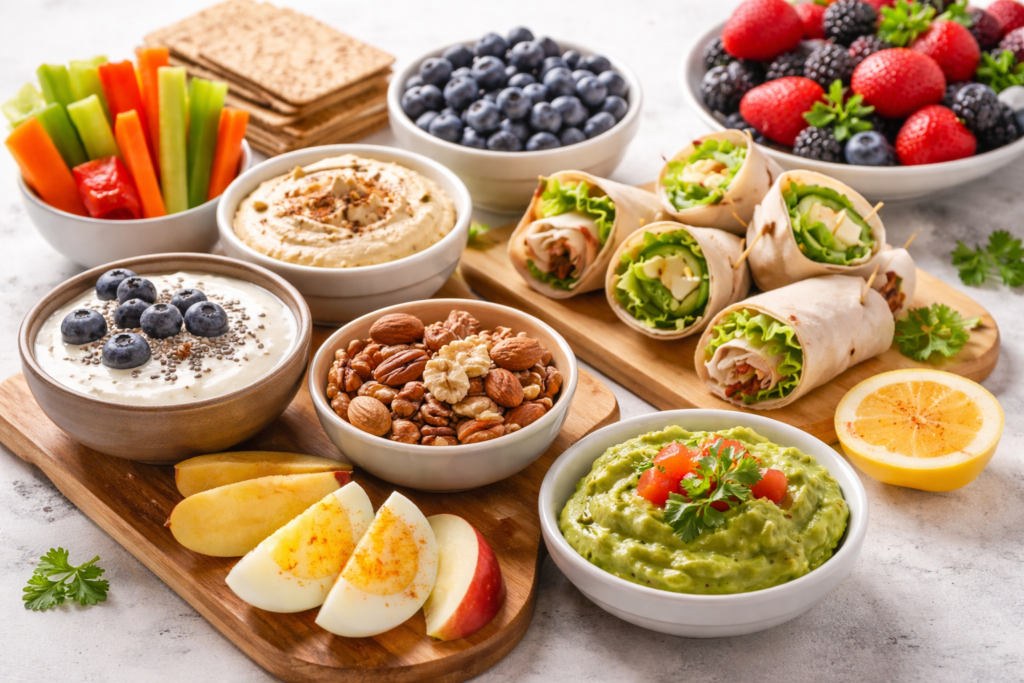 Healthy diabetic-friendly snacks including nuts, Greek yogurt with berries, vegetable sticks, boiled eggs, guacamole, and turkey wraps arranged on a wooden board.