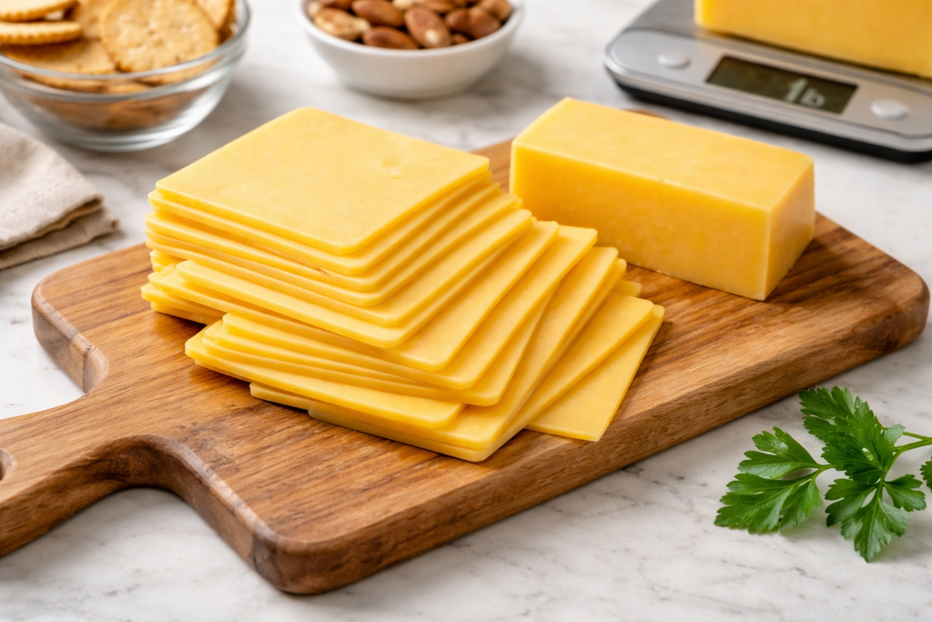 Natural cheese slices stacked on a wooden board, showing portion size.