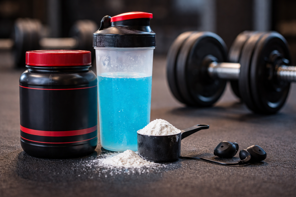 pre workout supplement powder shaker bottle and dumbbells on gym floor