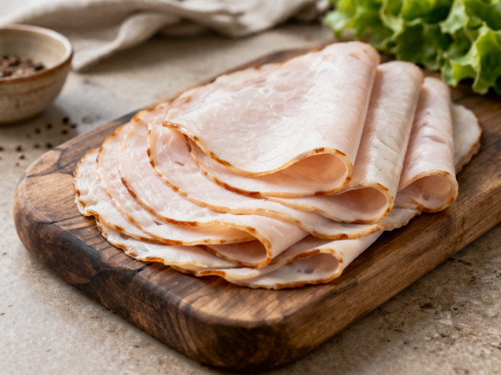 Sliced deli turkey arranged in delicate folds on a rustic wooden cutting board with soft natural lighting.