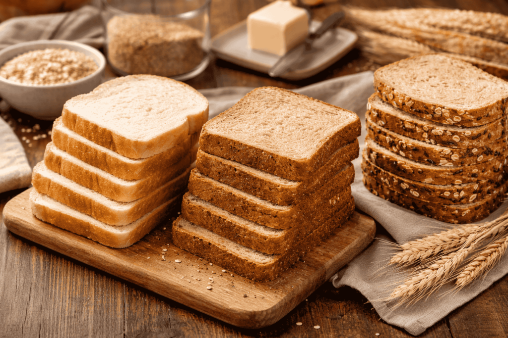 Different types of bread slices showing how many slices make 100g of bread