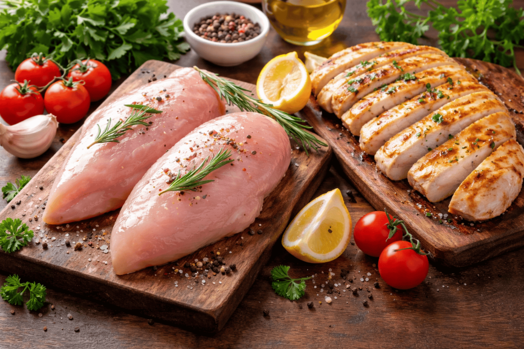 Raw and cooked chicken breast comparison on a kitchen surface showing weight and texture difference