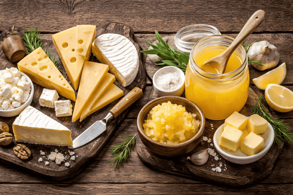 Cheese and ghee comparison showing different cheese types and a jar of ghee on a wooden table