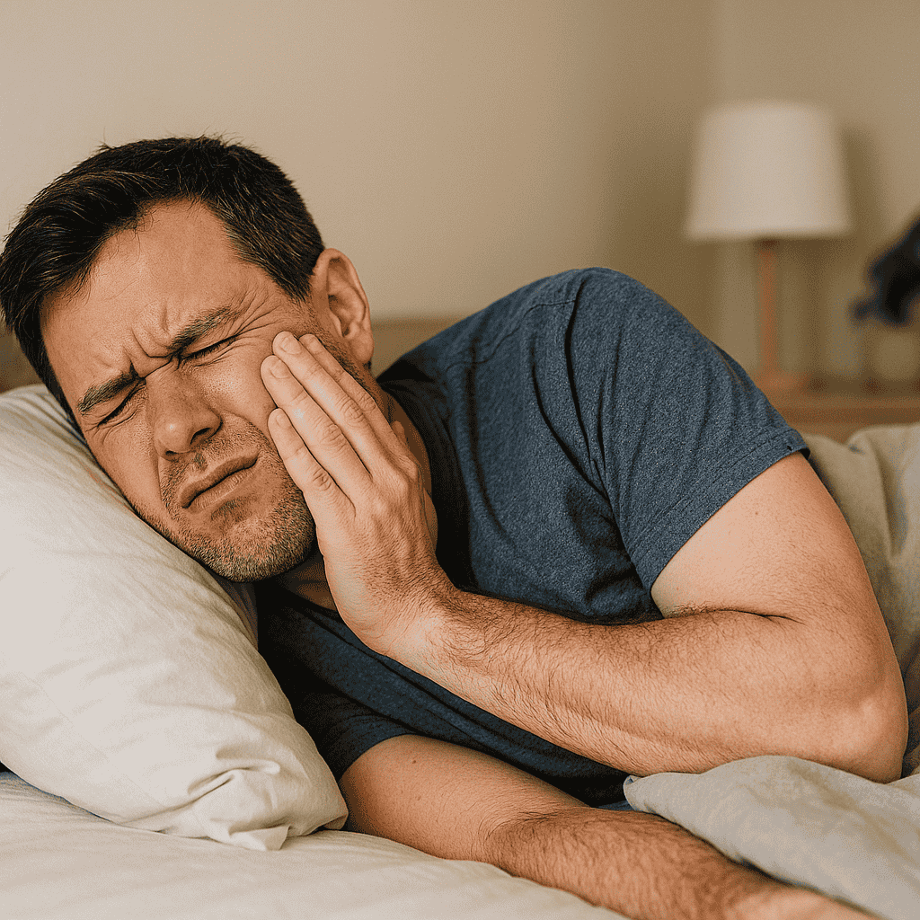 Person sleeping on side with mild discomfort after tooth extraction