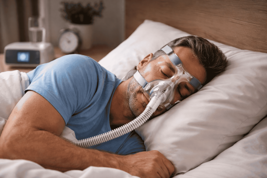 In Sleep Apnea, Man sleeping peacefully with CPAP machine at night