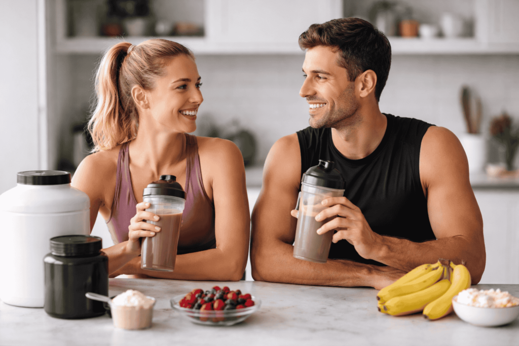 Young man and woman sitting together enjoying protein shakes on a rest day