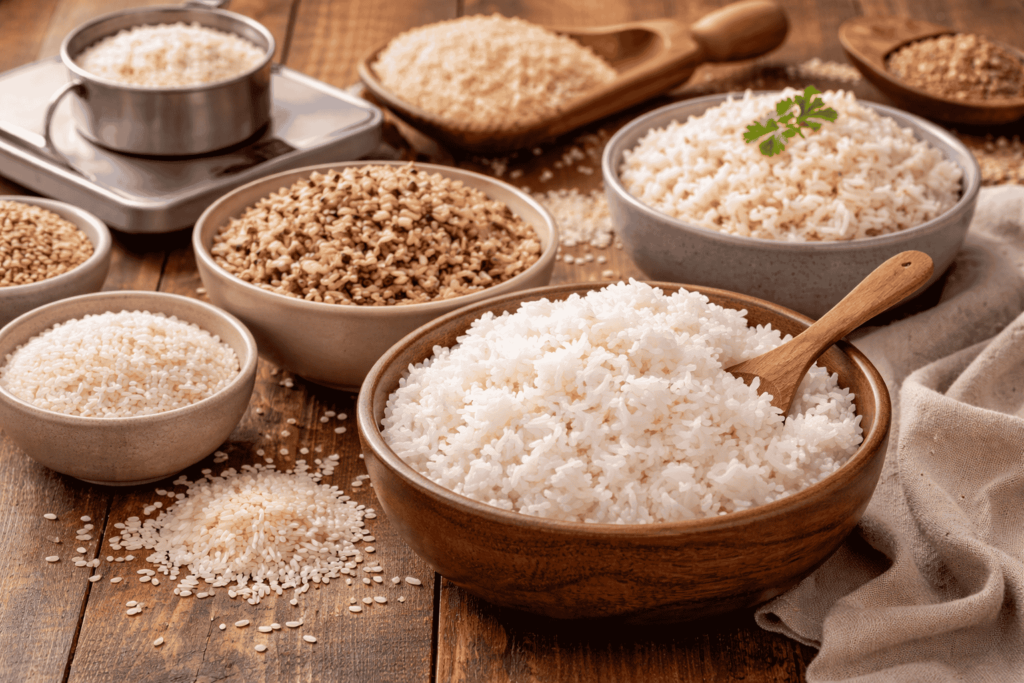 A bowl of cooked white rice measured in a cup on a kitchen counter