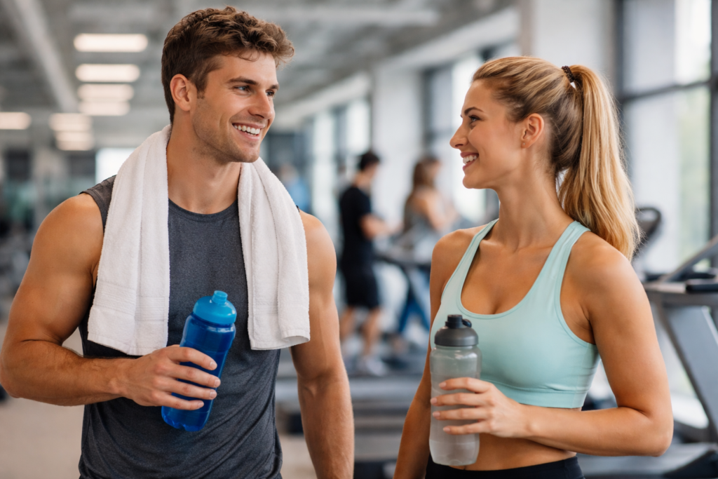 Man and woman holding water bottles in a gym representing safe exercise after wisdom teeth removal recovery