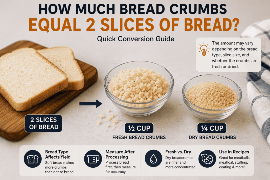 Two slices of bread equal about ½ cup fresh breadcrumbs or ¼ cup dry breadcrumbs conversion chart