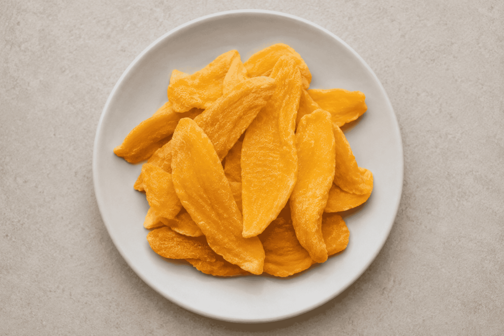 Top-down view of dried mango slices arranged on a white plate, showing a typical serving size for portion and weight comparison.