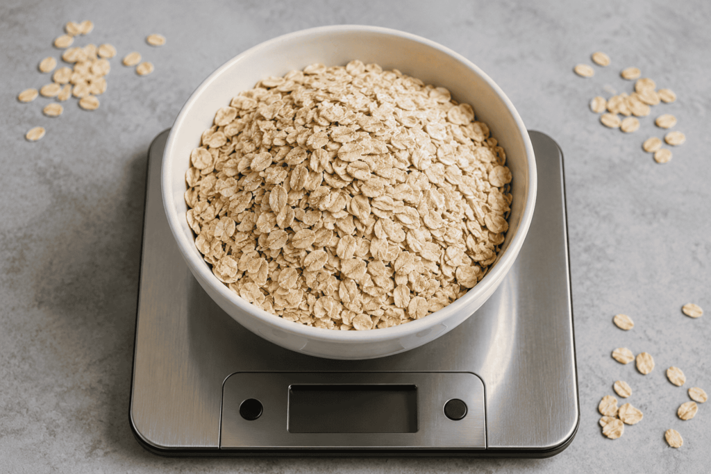 A bowl of dry rolled oats placed on a digital kitchen scale, showing a typical 100g serving for measuring portions accurately.
