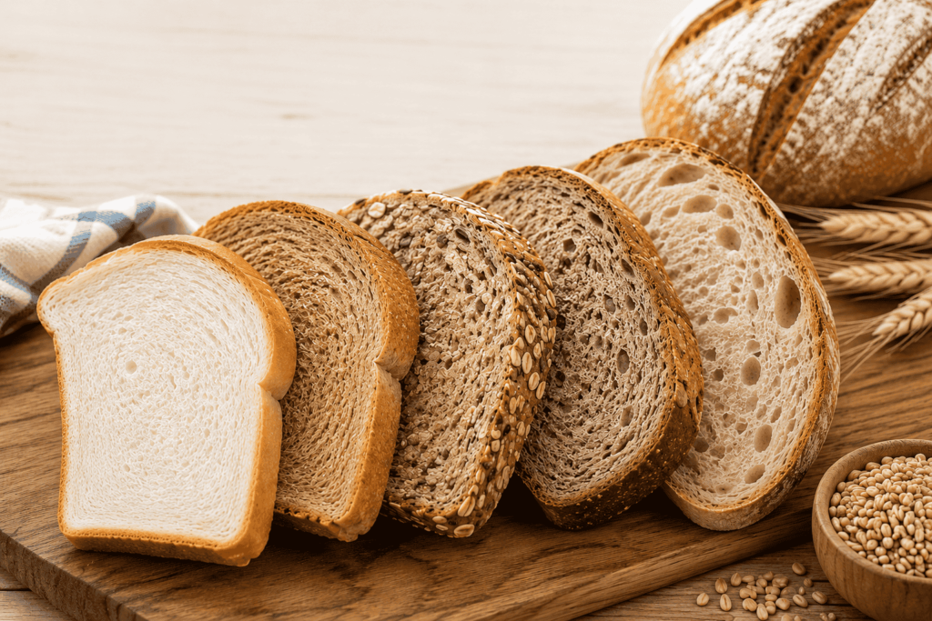 One slice of white, whole wheat, multigrain, rye, and artisan bread displayed on a wooden board to illustrate grain ounce-equivalents.