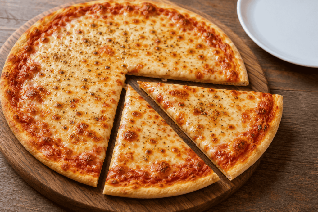 Two slices of cheese pizza showing approximately 500 calories on a wooden serving board