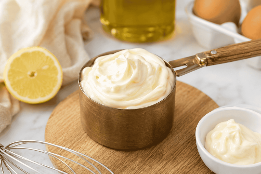 Measuring cup filled with mayonnaise on a wooden board
