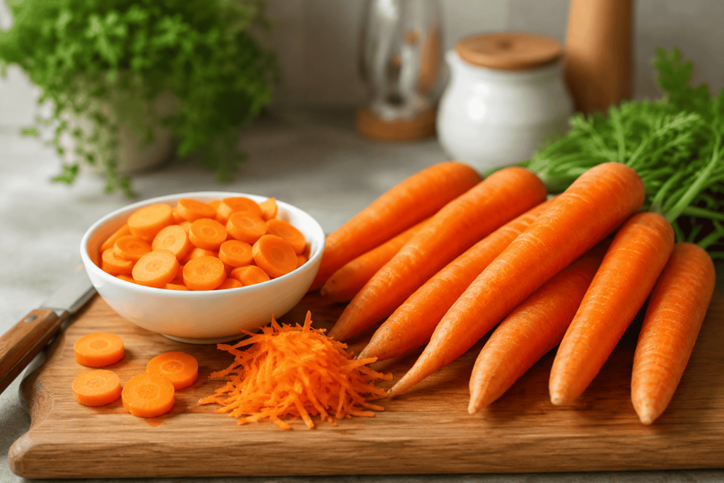 100g of carrots shown whole, sliced, and grated on a wooden cutting board
