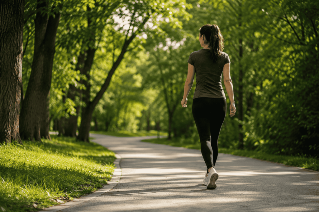 Woman walking on a park path for daily exercise