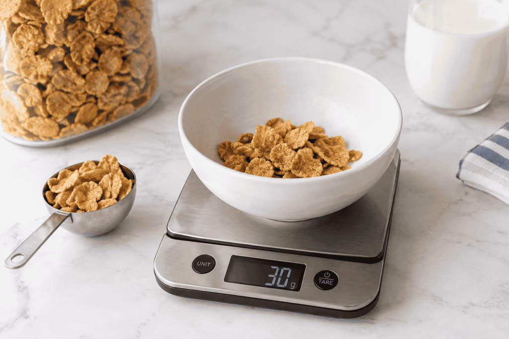 30g of cereal in a bowl on a digital kitchen scale