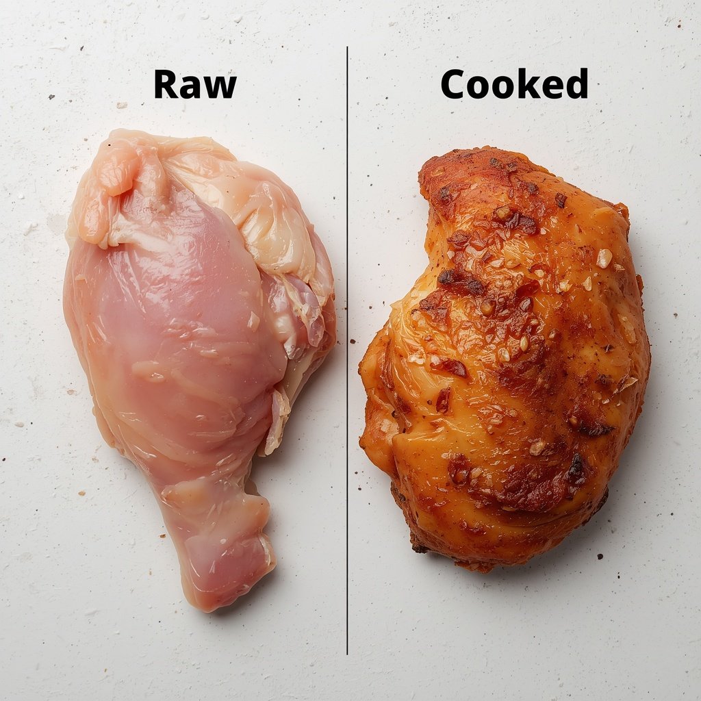Raw chicken thigh beside cooked chicken thigh