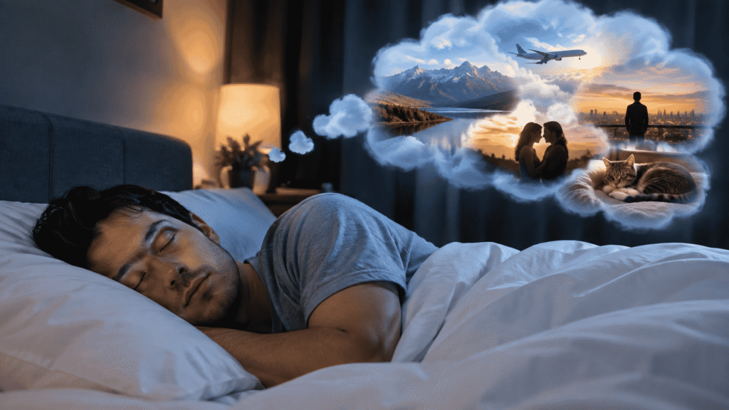 Person sleeping at night and experiencing vivid dreams
