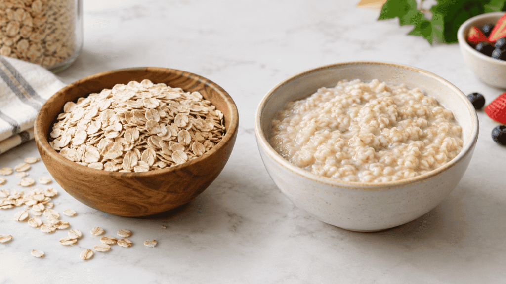 Dry rolled oats beside a bowl of cooked oatmeal