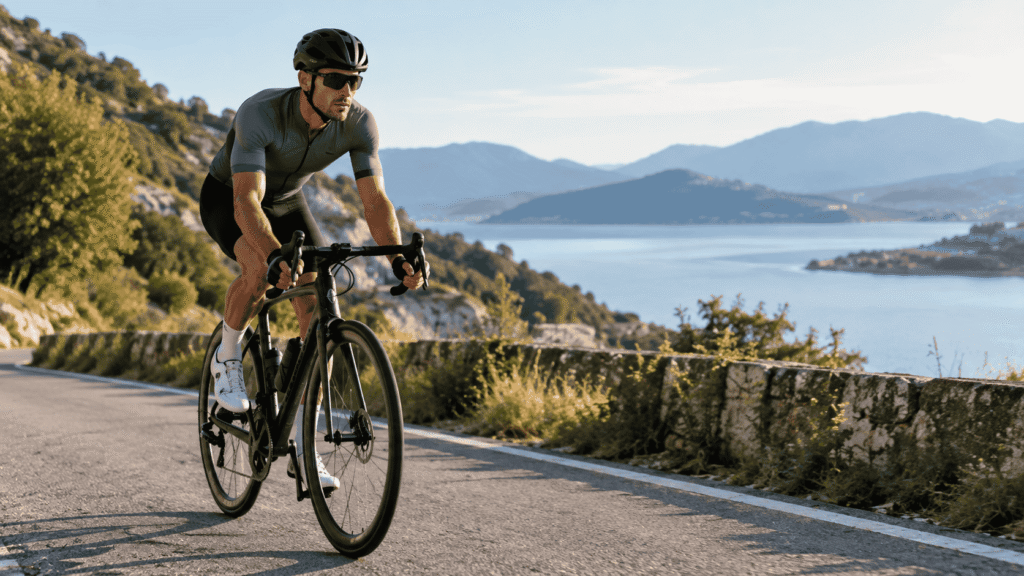 Cyclist riding outdoors at a steady pace