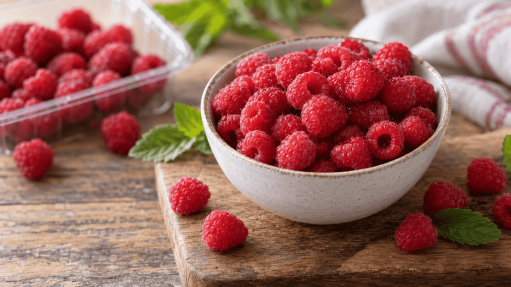 Fresh raspberries in a bowl with scattered berries on a wooden table
