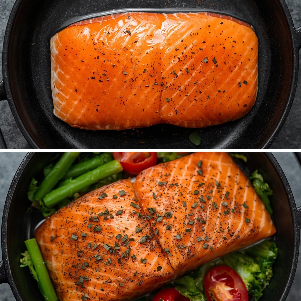 Raw salmon fillet beside cooked salmon