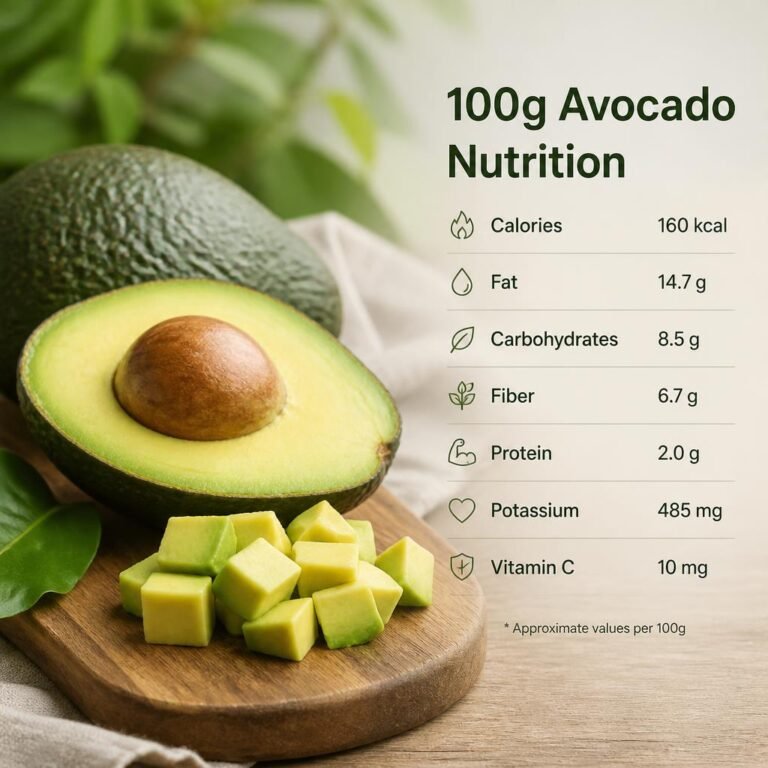 Fresh avocado cut in half showing green flesh and brown seed beside sliced avocado on a cutting board.