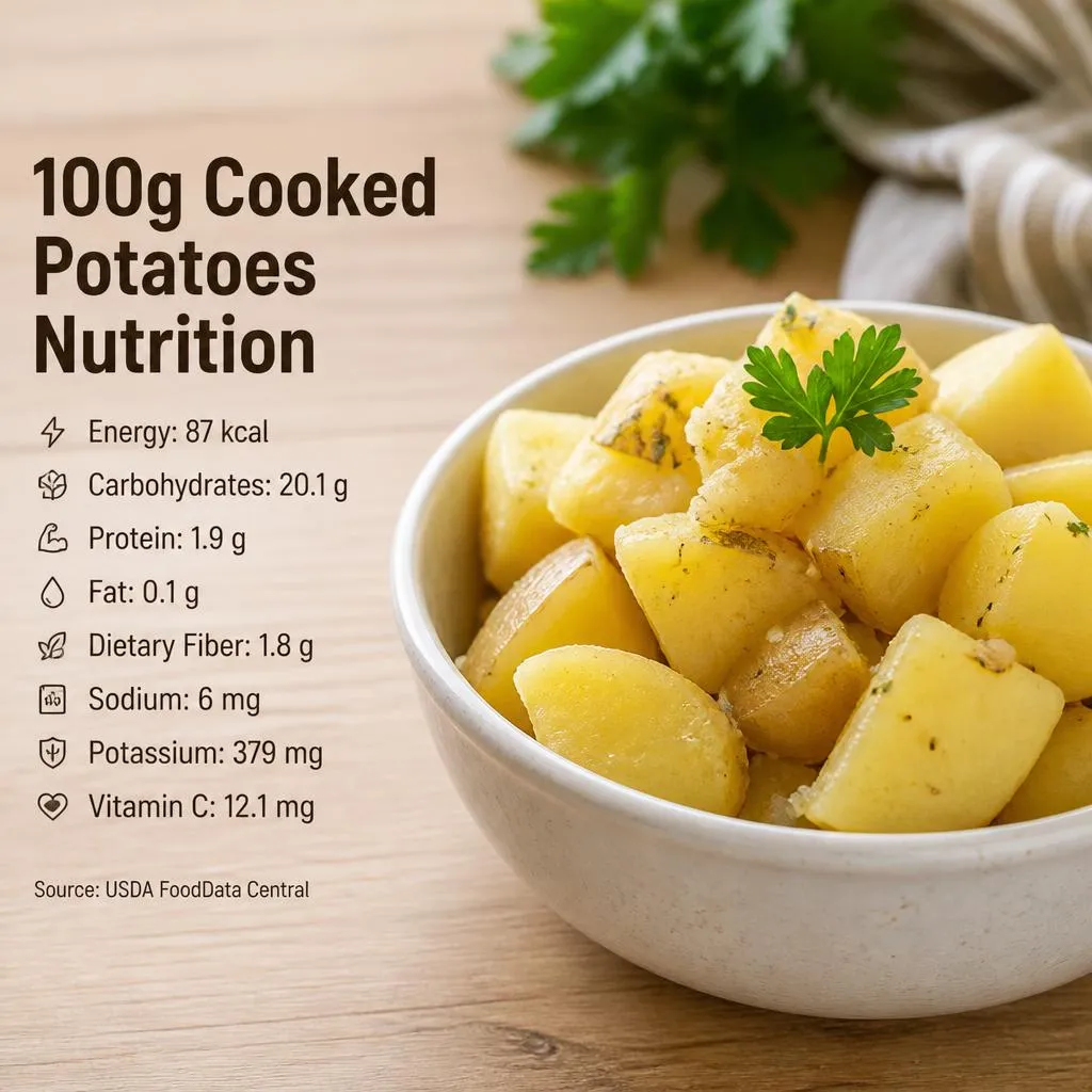 Boiled cooked potato pieces arranged in a bowl to represent a 100-gram serving.