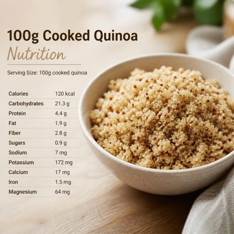 Bowl of cooked quinoa with fluffy quinoa grains displayed on a wooden table.