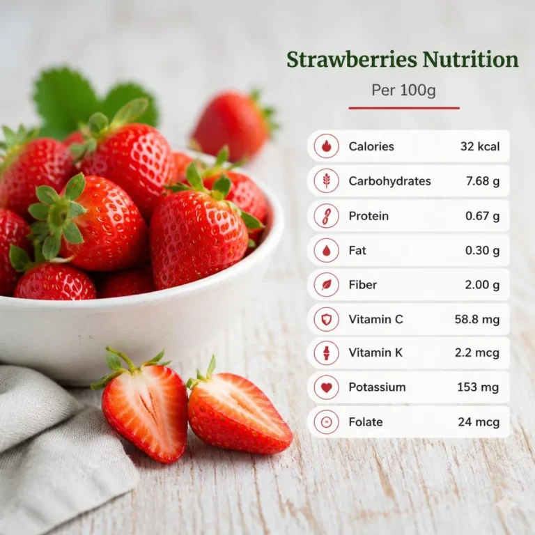 Fresh red strawberries with green leaves arranged in a bowl to represent a 100-gram serving.