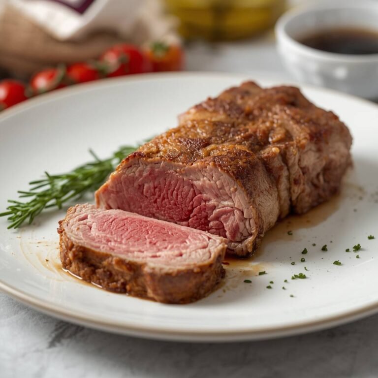 Raw beef tenderloin roast beside sliced cooked beef tenderloin on a wooden cutting board.