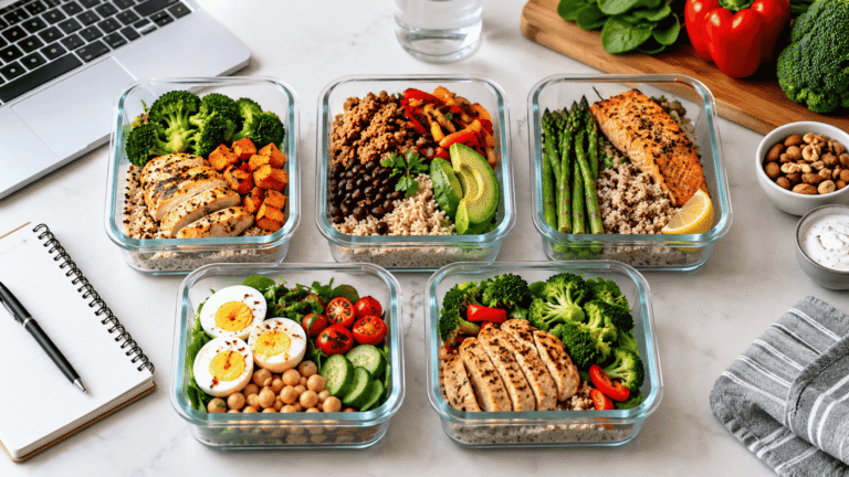 High-protein meal prep with chicken, salmon, eggs, vegetables, beans, and grains in glass containers