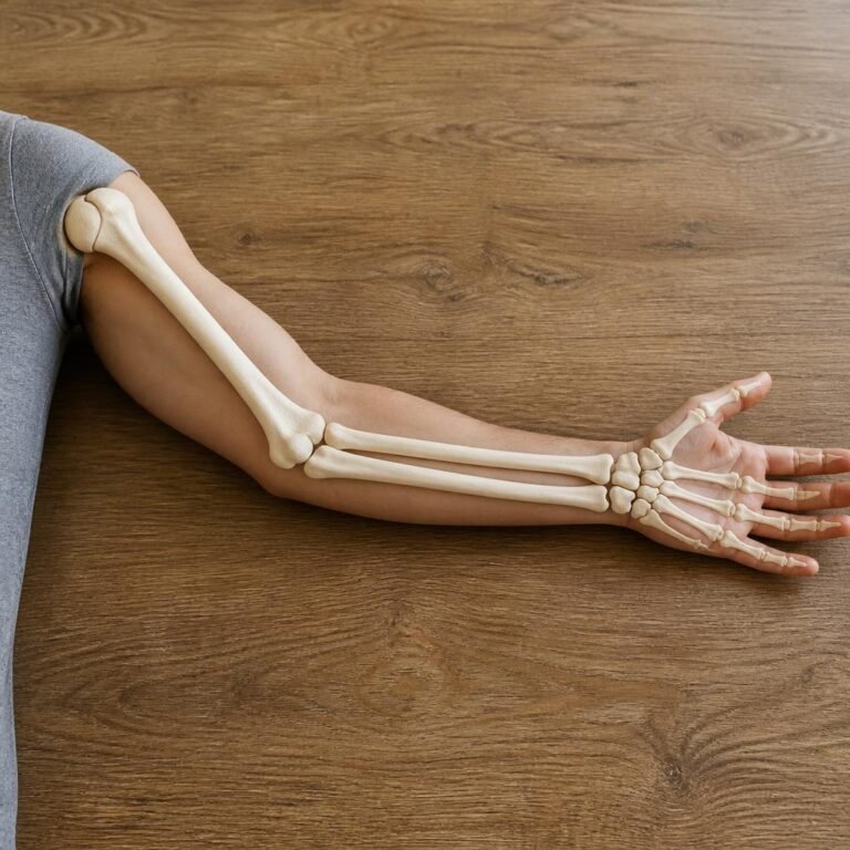 Human arm bone anatomy showing the humerus, radius, and ulna.