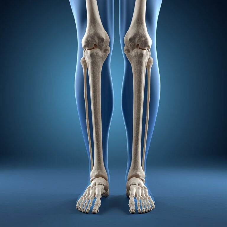 Human leg bone anatomy showing the femur, patella, tibia, and fibula.