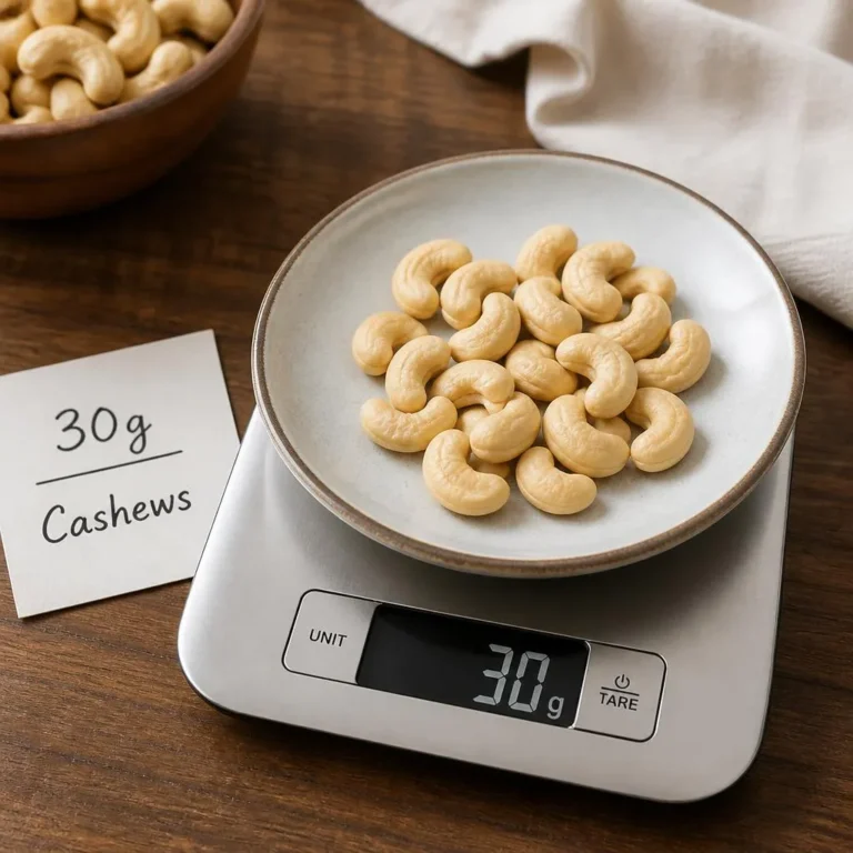 Raw cashews arranged on a kitchen scale to show a 30-gram serving.