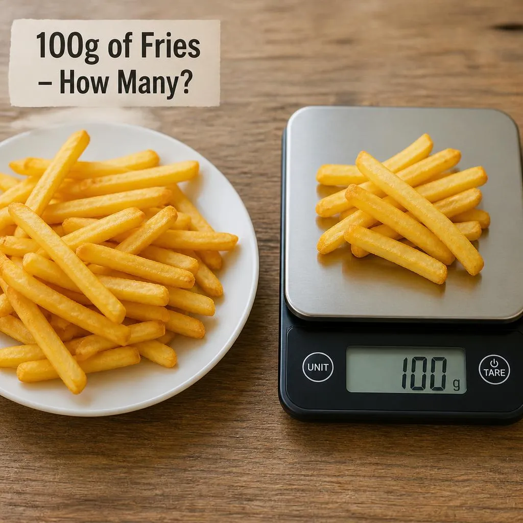 Golden French fries arranged on a kitchen scale to show a 100-gram serving.
