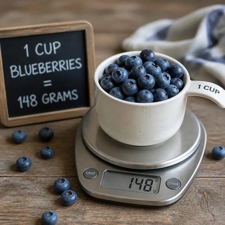 A measuring cup filled with fresh blueberries beside a bowl of blueberries on a kitchen counter.
