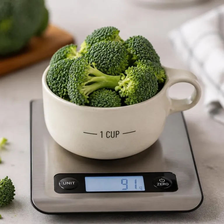 Fresh chopped broccoli florets in a measuring cup beside a bowl of broccoli on a kitchen counter.
