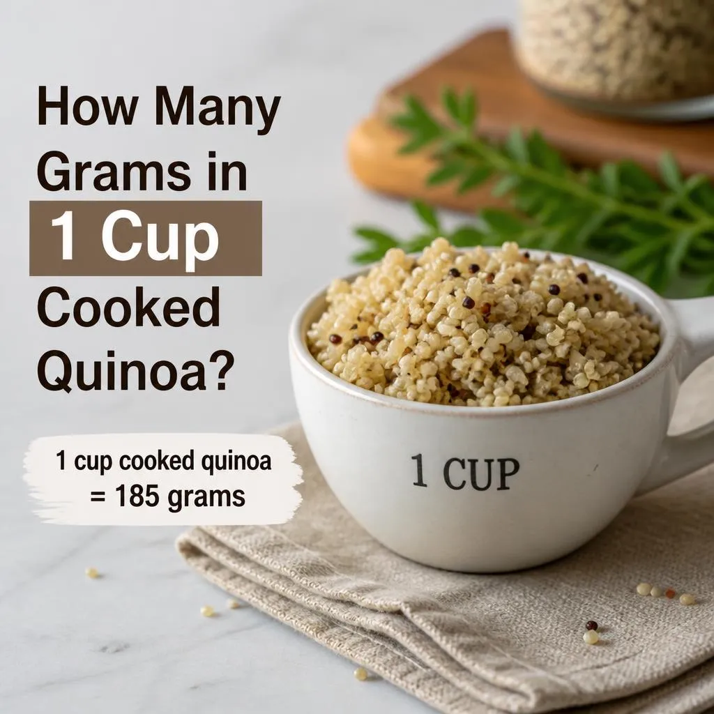A cup filled with fluffy cooked quinoa in a bowl on a kitchen counter.