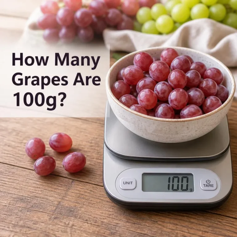 Fresh green and red grapes arranged on a kitchen scale to show a 100-gram serving.