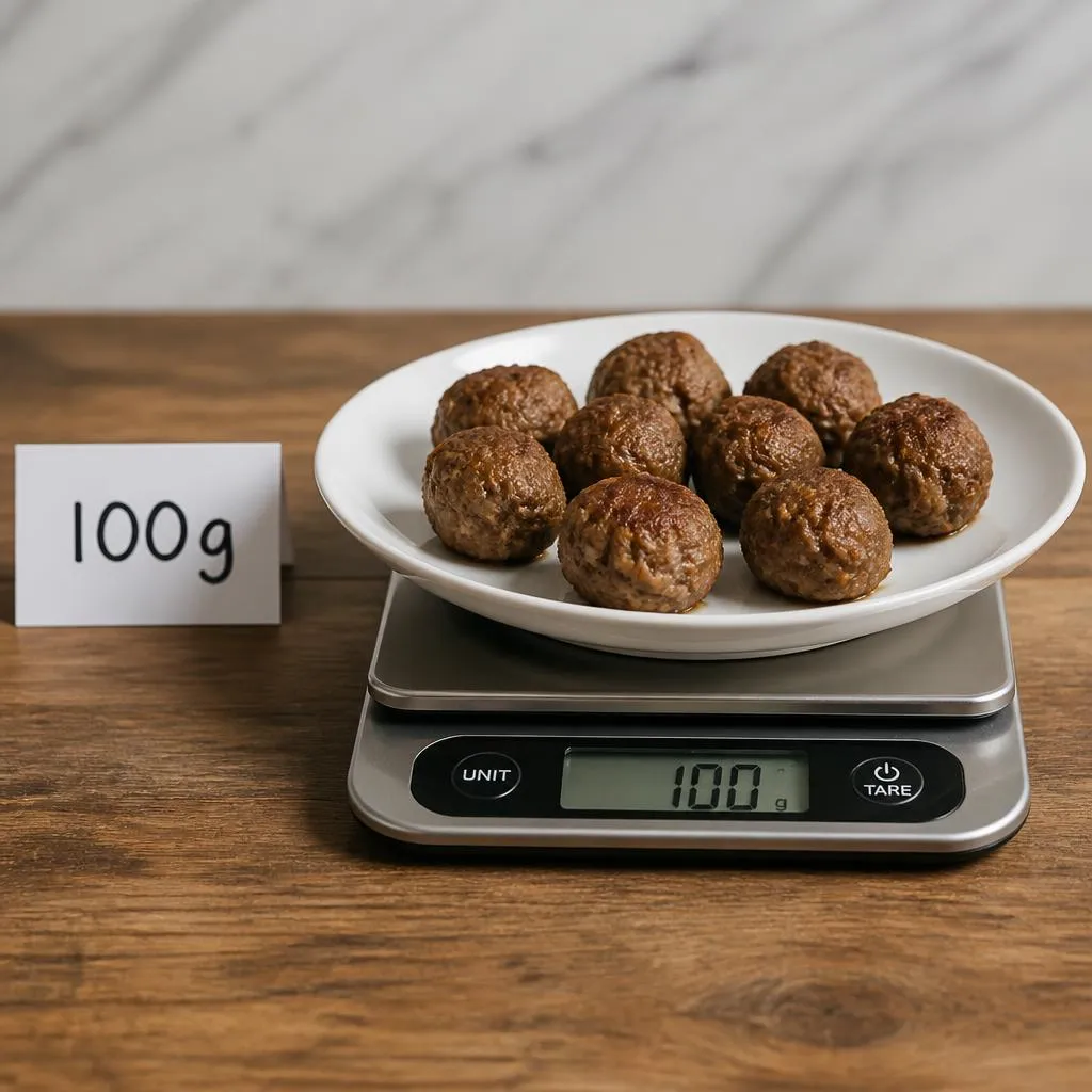 Cooked meatballs arranged on a kitchen scale to show a 100-gram serving.