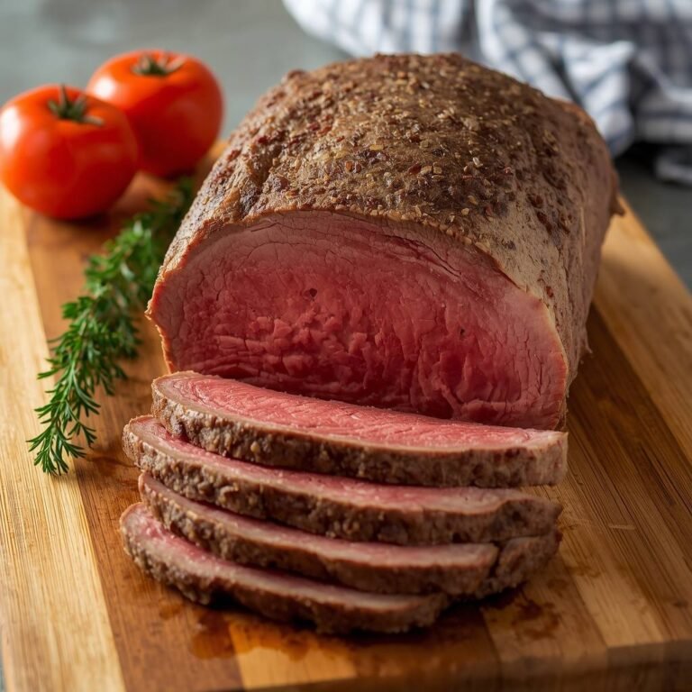 Roast beef sliced on a cutting board with whole roasted beef for serving portions.