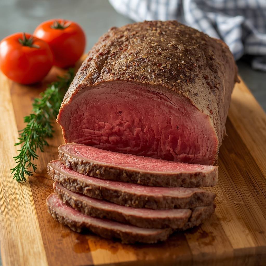 Roast beef sliced on a cutting board with whole roasted beef for serving portions.