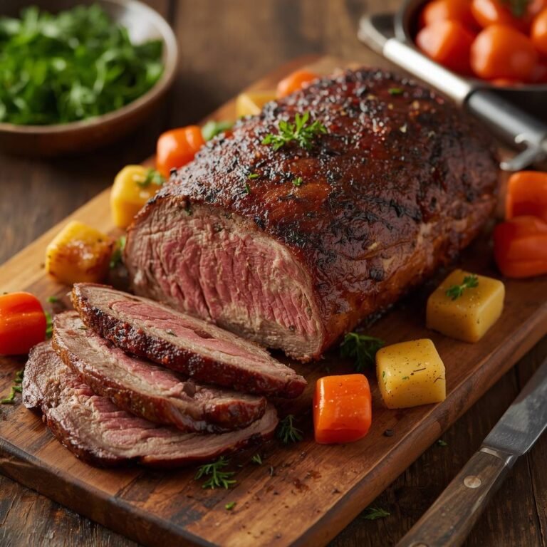 Raw chuck roast and sliced cooked beef on a wooden cutting board.