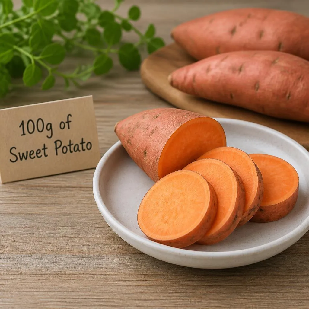 Raw and cooked sweet potato pieces arranged on a kitchen scale to show a 100-gram serving.