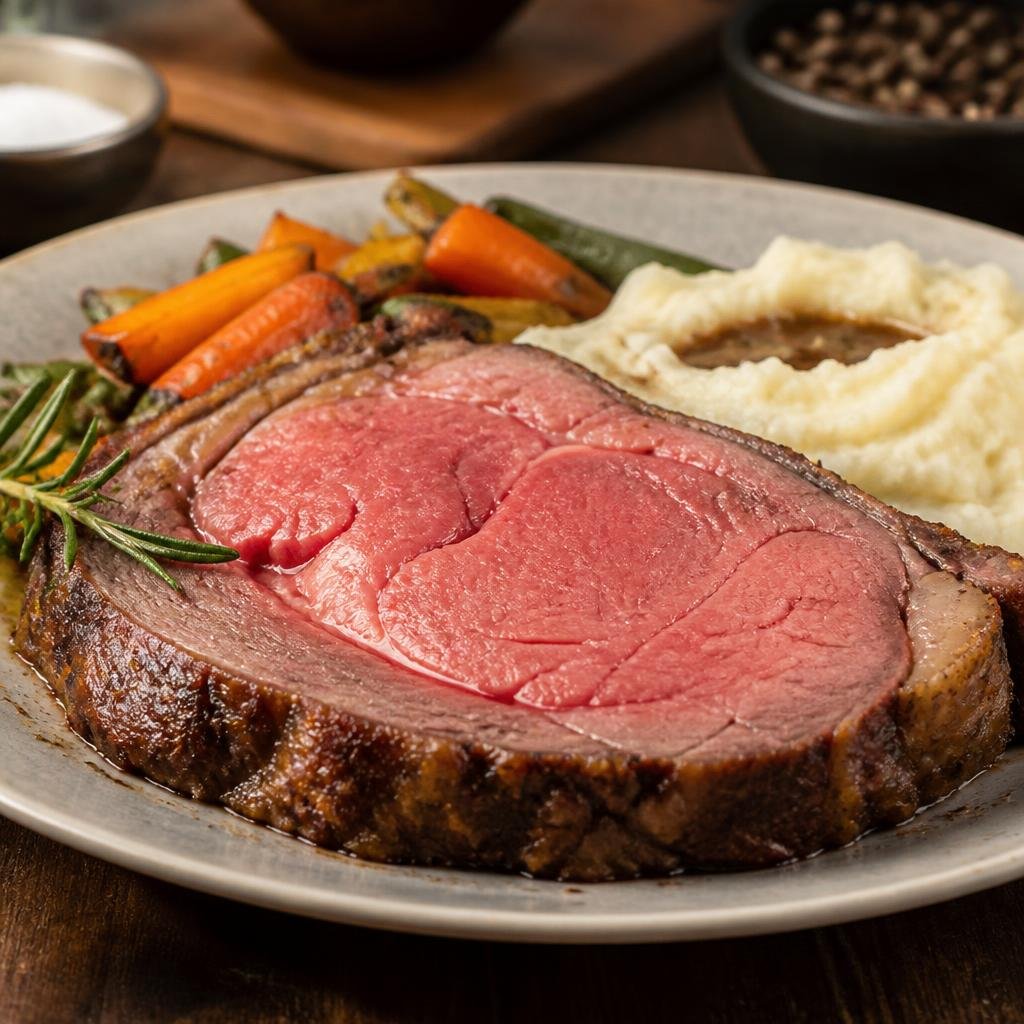 Sliced prime rib roast on a serving board with bone-in and boneless portions